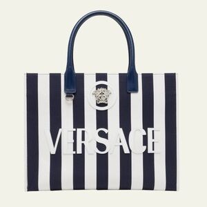 Versace Striped Canvas Calfskin La Medusa Tote Bag Navy White NWT